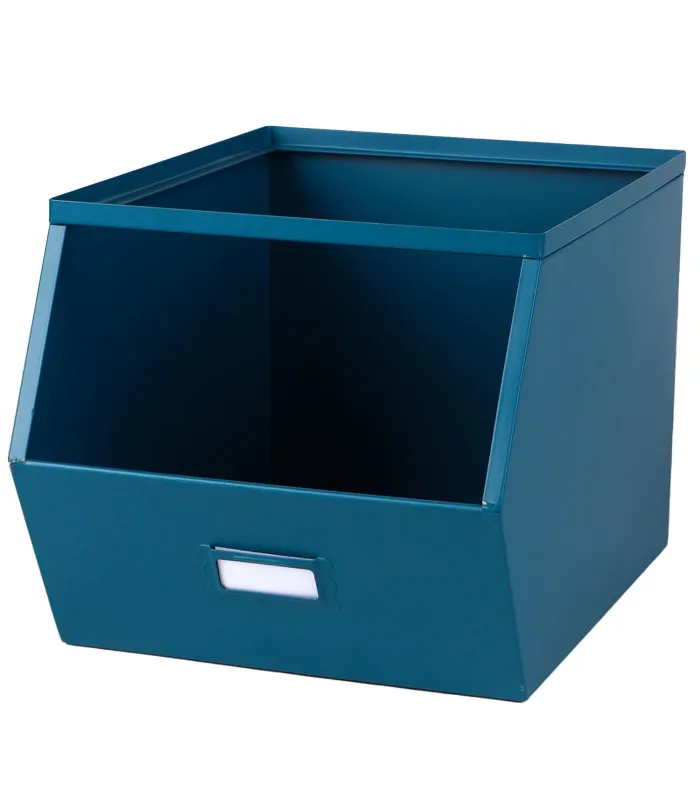 Casier de rangement en métal bleu empilable avec étiquette 32x23x21cm